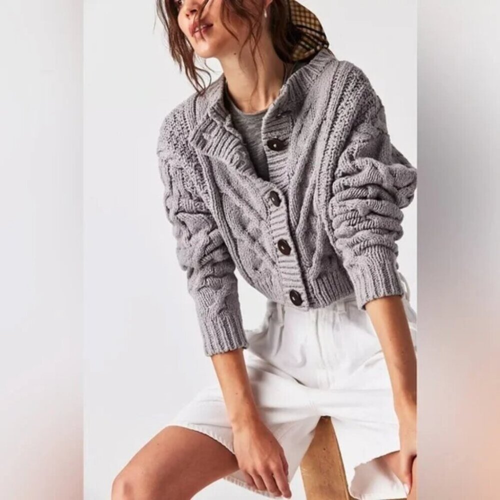 Free People Bonfire Knit Cardi Cardigan NWT Stone Grey Size Medium